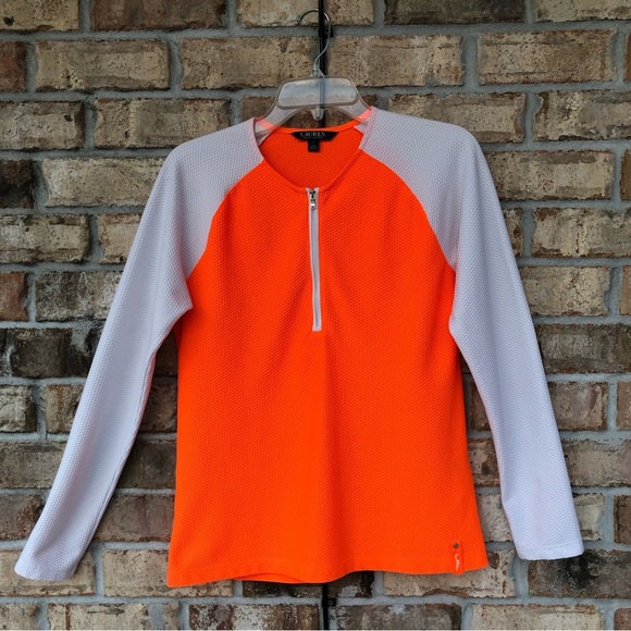 Lauren Ralph Lauren Honeycomb Half Zipper Neon Orange / White Long Sleeve Top  L - Picture 2 of 13